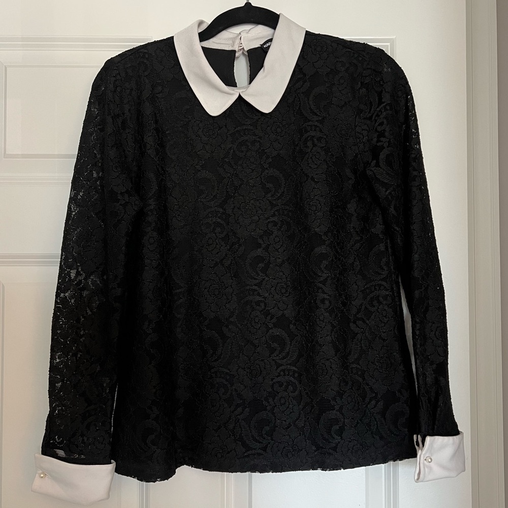 Karl Lagerfeld Black Lace with White Collar Blouse (Long Sleeves) with Pearls
